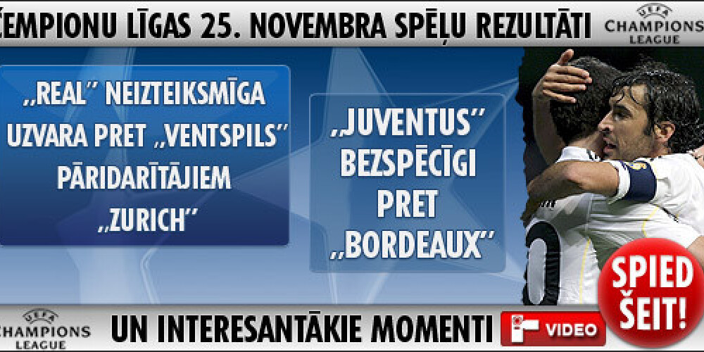 „Juventus” bezspēcīgi pret „Bordeaux”, „Real” neizteiksmīga uzvara pret „Ventspils” pāridarītājiem „Zurich”