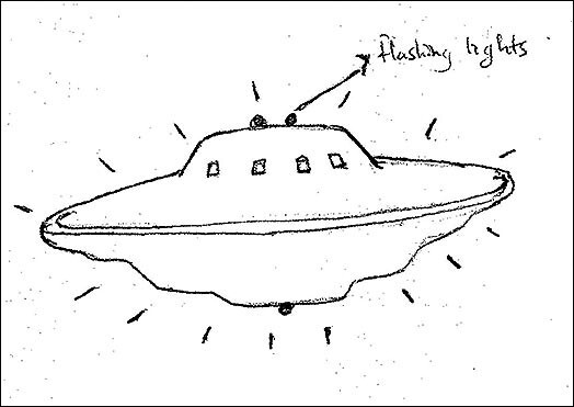 Kāds Lielbritānijas iedzīvotājs, kurš, kā pats apgalvo, redzējis citplanētiešu kuģi, pieredzēto attēlojis zīmējumā. Britu Nacionālā arhīva 2009.gada augustā izplatītais attēls.