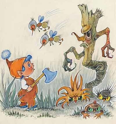 Margarita Stāraste. Rūķis ar cirvi. Sakārņi. 20.gs. 70. – 80.gadi. Papīrs, akvarelis, guaša.