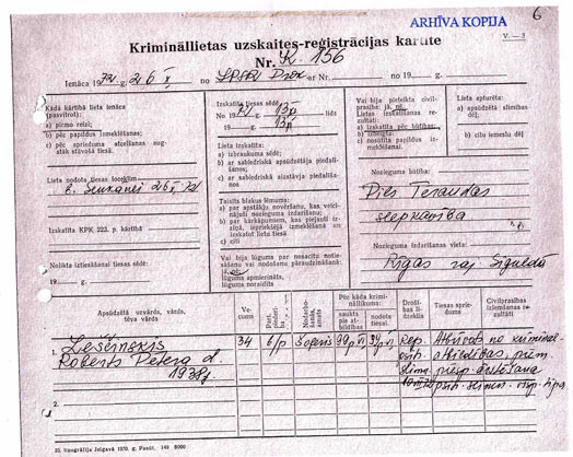 Viss, kas saglabājies — krimināllietas uzskaites–reģistrācijas kartīte, kas vēsta: Leščinskis Roberts, Pētera d. 1938. g., šoferis, „Atbrīvots no kriminālatbildības, piem. slimn. piesp. ārstēšana. Nozieguma būtība: „Pils. Tēraudas slepkavība”.