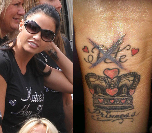 Британская модель Кэти Прайс после развода с мужем, певцом Питером Андре не стала сводить его имя со своего запястья, а просто поставила на нем крест