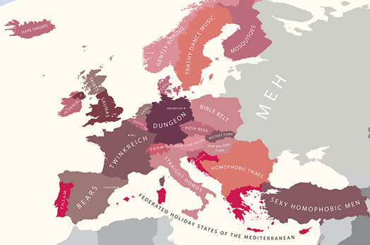Baltija un Krievija pēc geju uzskata ir garlaicīga, apātiska un vienaldzīga. Balkānos mīt homofobiskas ciltis, bet Spānijā – „lāči”. Polijā var dabūt pa muguru ar Bībeles pletni.