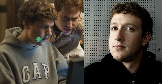 Aktieris Džesijs Eisenbergs (pa kreisi) pats nav atrodams sociālajā tīklā Facebook. Facebook dibinātājs — Marks Cukerbergs (pa labi) par to varētu būt izbrīnīts.