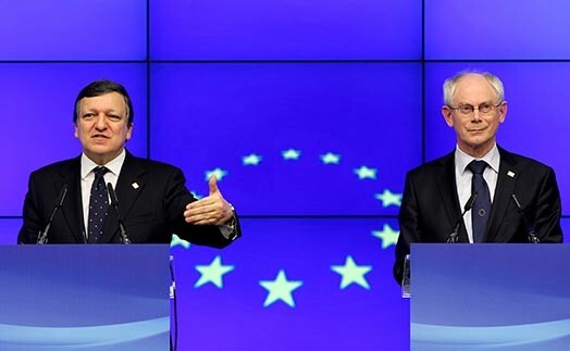 Eiropas Komisijas prezidents Žozē Manuels Barrozu ar Eiropas Savienības prezidentu Hermanu van Rompeju.