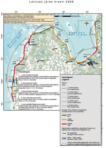 Valsts pasūtītajā pētījumā „Latvijas jūras krasti 2008” tika izveidota karte ar krastu erozijas risku rajoniem un faktoriem.