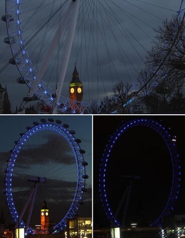 Londonas panorāmas rats un Bigbens Zemes stundas brīdī.