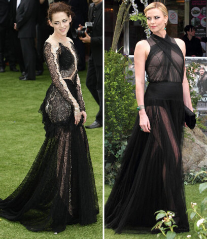 Sjuartes tērpu darinājis modes nams „Marchesa”, bet Terona izvēlējusies kleitu no „Christian Dior” kolekcijas.