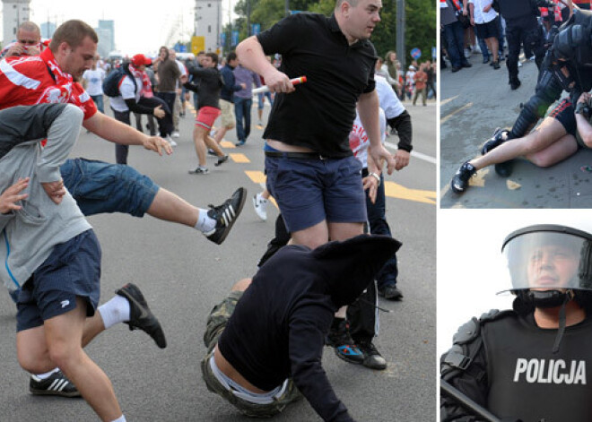 Polijas un Krievijas futbola fanu sadursmēs Varšavā aizturēti 180 cilvēki. FOTO VIDEO