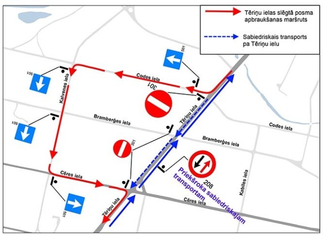 Rīgā līdz augusta beigām ierobežos satiksmi Tēriņu ielā