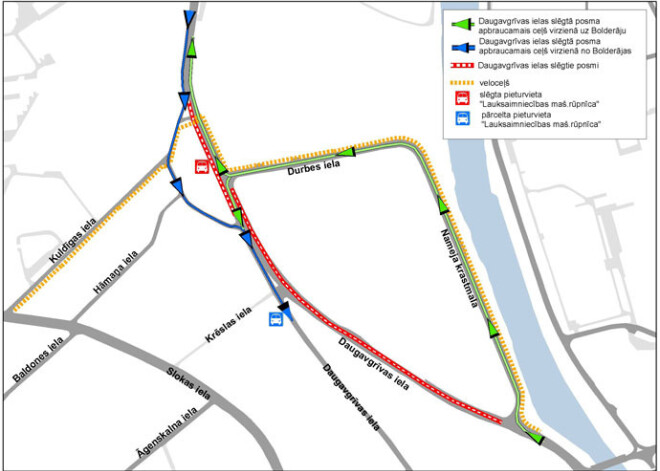 Slēgs satiksmi Daugavgrīvas ielā posmā no Kuldīgas līdz Kliņģeru ielai