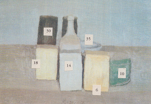 Miks Mitrēvics. „morandi 48a.jpg” – cipari, pielīmēti Džordžio Morandi „Still Life” (1956) reprodukcijai, no izstādes „Septiņas ceturtdienas”.