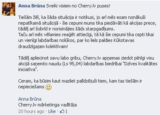 Portāla cherry.lv mārketinga vadītājas Annas Brūnas komentārs facebook.com par radušos situāciju