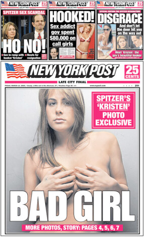 Эшли, которая работала под псевдонимом Кристен и получала за свои услуги 1000 долларов в час, на обложке «Нью-Йорк Пост» в 2008 году