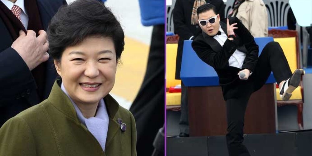 Jaunās prezidentes stipri nopietnās politiskās tēzes pēcāk pavadīja jautri izklaidējošais repera Psy priekšnesums.