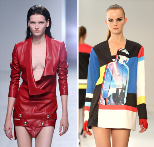 Tērpi no zīmolu Anthony Vaccarello un Ground Zero 2014.gada pavasara/vasaras kolekcijām.