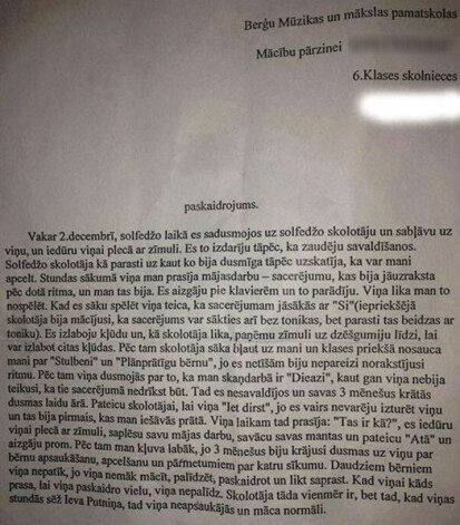 Berģu pamatskolas 6. klases skolnieces paskaidrojums par skolotājas saduršanu ar zīmuli.