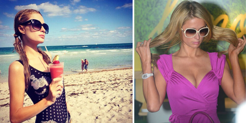 Тусовщица Пэрис Хилтон, выбрав неудачный закрытый купальник, лишилась пышного декольте.