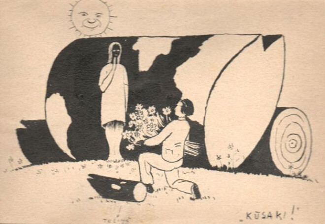 Roberts Stārosts. „Kū saki! / Ko saki!” (1950-to gadu sākums, papīrs, tuša, 10x14,2 cm).