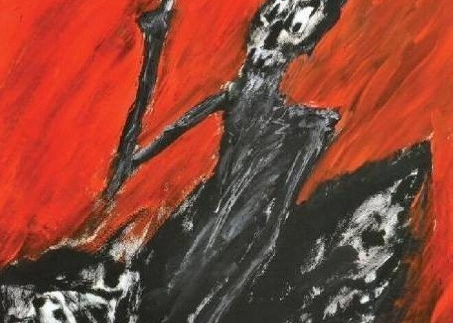 Liepājas muzejā skatāma savdabīga jaunā mākslinieka Raida Kalniņa „šausmu izstāde” – „Nelaime ciematā jeb dinozauri izēd kapus”.