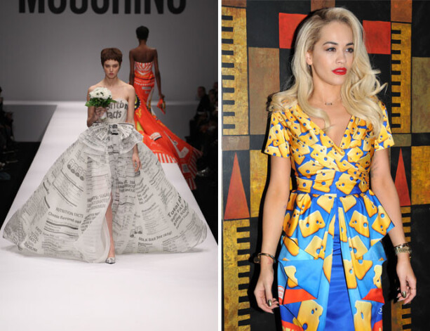 Kāzu kleita no Moschino rudens/ziema 2014 kolekcijas. Rita Ora Moschino kleitā, par kuras vizuālo pamatu ņemts siera cepumu iepakojums.