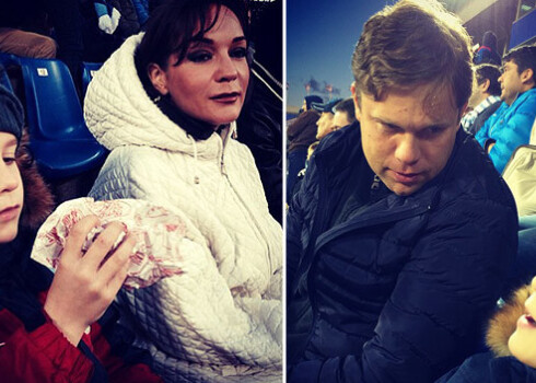 Татьяна Буланова, Владислав Радимов и их сын Никита на футбольном матче