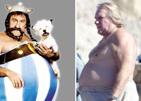 Жерар Депардье на плакате фильма «Астерикс и Обеликс на Олимпийских играх» в 2007 году и на съемках нового фильма в Калифорнии