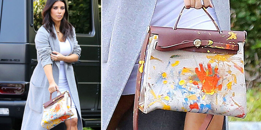 Ким Кардашьян с гордостью носит подарок 16-месячной дочери Норт, разрисовавшей в качестве подарка на день рождения дизайнерскую сумочку