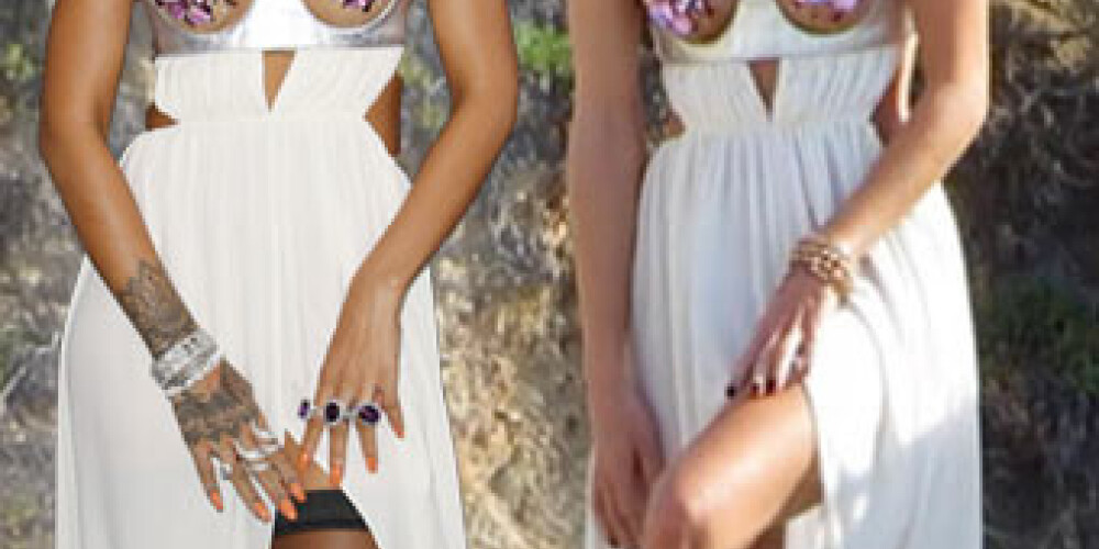 Stethema draudzene pozē Riannas kleitā. Kurai kailās krūtis izskatās labāk? FOTO