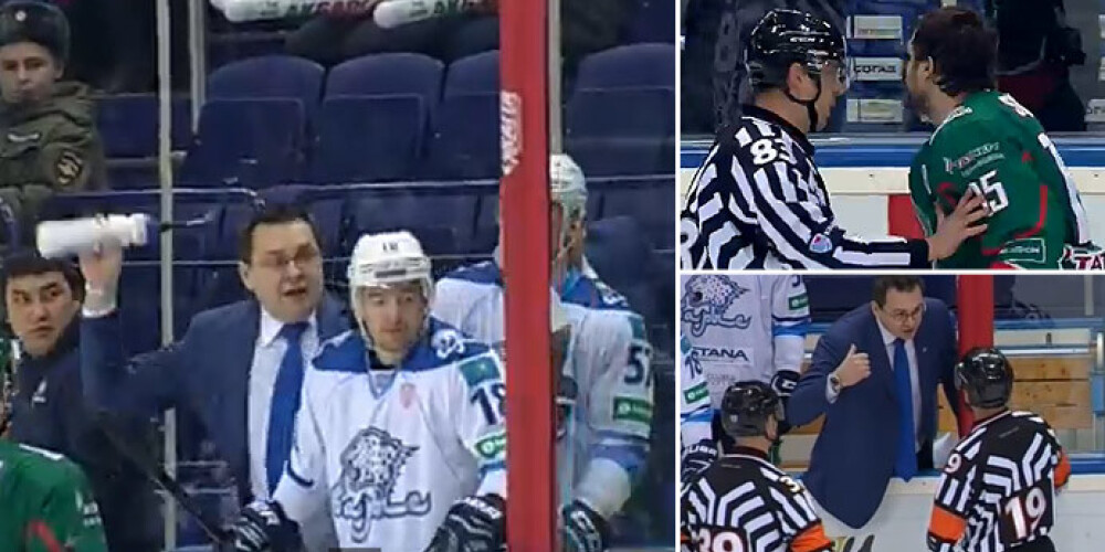 Temperamentīgais KHL treneris Nazarovs met pretiniekam ar pudeli. VIDEO