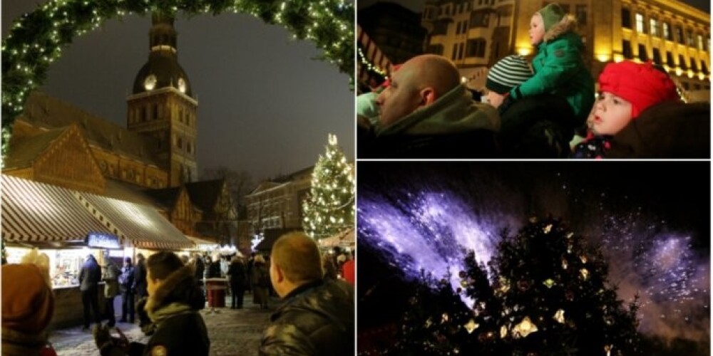 Rīgā iedegta lielā svētku egle, sāk darboties Ziemassvētku tirdziņi. FOTO