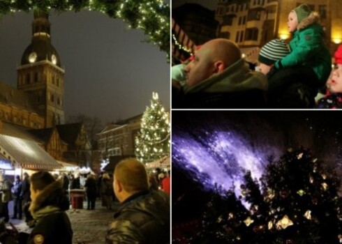 Rīgā iedegta lielā svētku egle, sāk darboties Ziemassvētku tirdziņi. FOTO