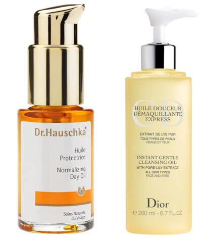 Dr. Hauschka Normalizing Day Oil eļļa taukainai sejas ādai; Dior Instant Gentle Cleansing Oil sejas attīrošā eļļa.