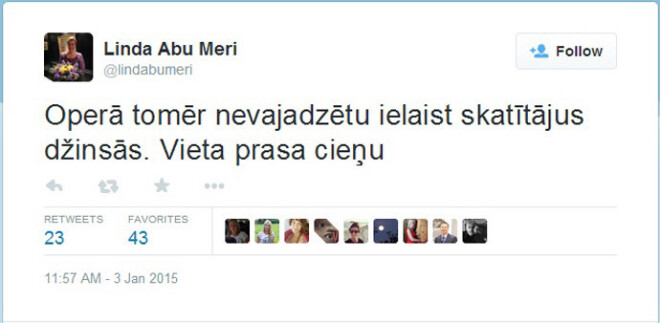 Bijusī „Vienotības” pārstāve savu sašutumu par atsevišķu LNO apmeklētāju vienkāršo ģērbšanās stilu paudusi portālā „Twitter”. Pretēju viedokli aizsāktajā diskusijā tikmēr izteicis pazīstamais klasiskās mūzikas žurnālists Edgars Raginskis.