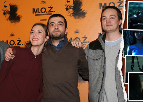 „M.O.Ž.” producents Roberts Vinovskis (no kreisās), aktrise Anta Aizupe, režisors Aiks Karapetjans un slepkavas lomas atveidotājs Maksims Lazarevs filmas pirmizrādē.