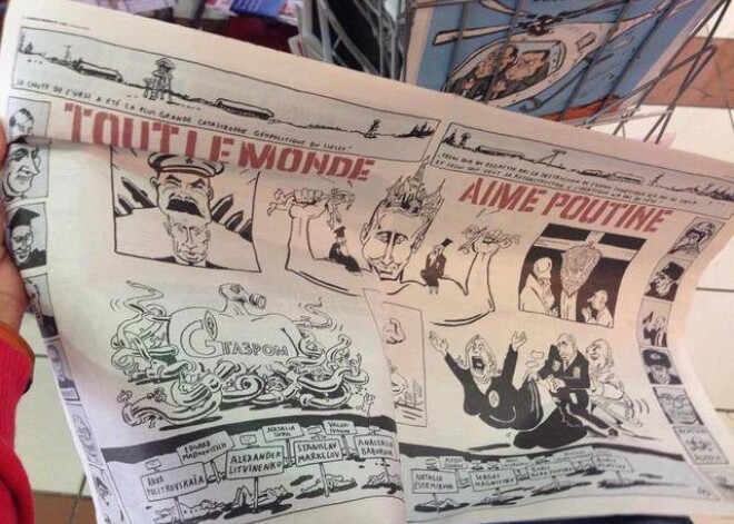 Karikatūrās attēlots sekss trijatā ar Marinu Lepēnu un Žerāru Depardjē, VDK ģerbonis krustā, "Gazprom" astoņkājis. Zīmējuma lejasdaļā redzami līķi asins peļķēs. Atvērumam dots virsraksts "Visi mīl Putinu".