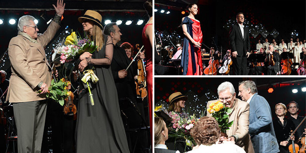 Komponistu Juri Karlsonu un režisori Rēziju Kalniņu publika uz skatuves sagaidīja kājās stāvot un sveicot ar skaļiem aplausiem.