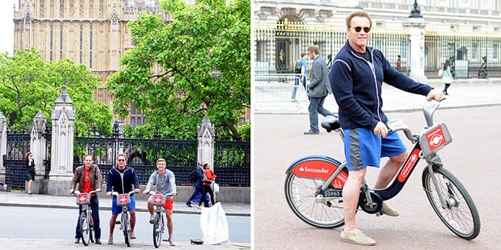 Švarcenegers riteņo pa Londonas ielām. Diez kā iet ar kreiso braukšanas pusi. FOTO