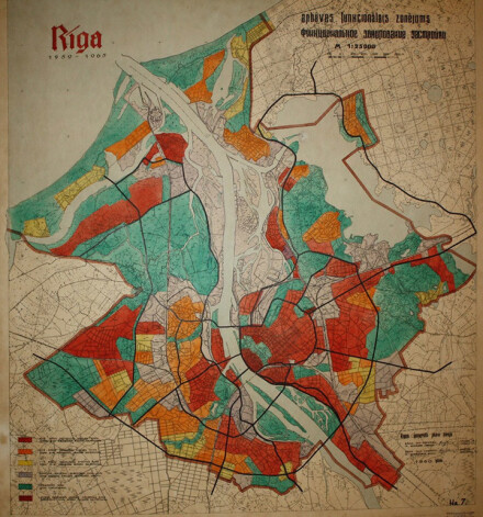 Rīgas ģenerālā plāna birojā 1960. gadā izstrādātais Rīgas apbūves funkcionālais zonējums 1959. – 1965. gadam.