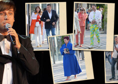 Klasiski un ar gaumi - uzņēmējs Raimonds Gerkens (no kreisās) ar kundzi Velgu un uzņēmēju Jūliju Krūmiņu ceļā uz Maksima Galkina koncertu Dzintaru koncertzālē.