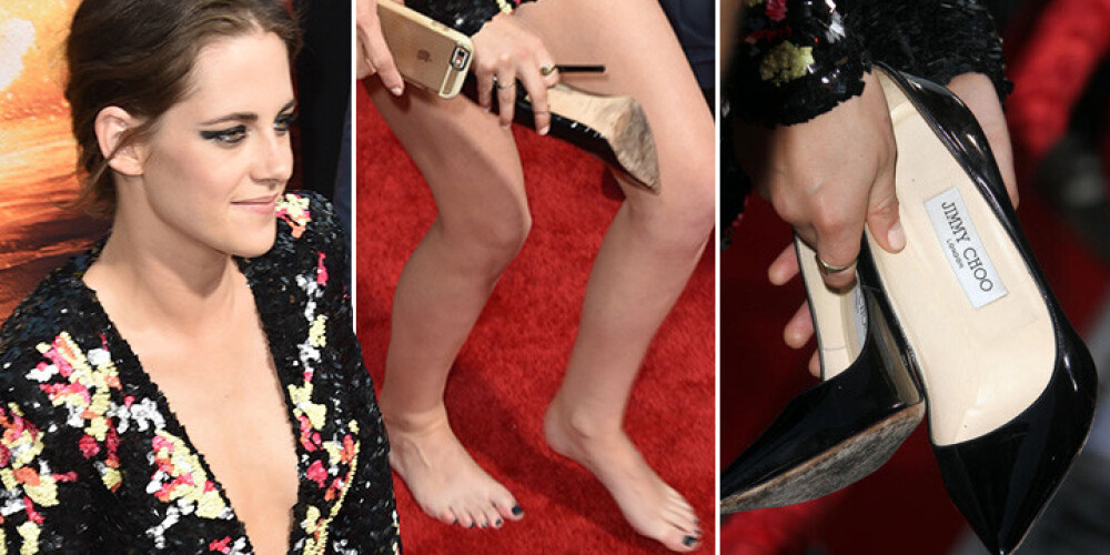 Kristena Stjuarte joprojām nejūtas ērti augstpapēžu kurpēs. Novelk uz sarkanā paklāja. FOTO
