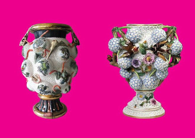 Zīmols „SkujaBraden”. Vāze ar putnu kāsi (2015., porcelāns, jaukta tehnika) un vāze ar „sniega piku” dekoru (Vācija, Meisene, forma ap 1740. gadu, porcelāns, virsglazūras gleznojums).