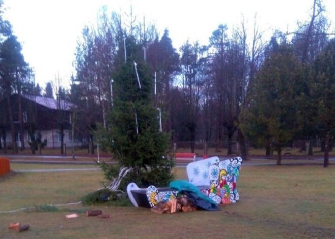 Vandaļi Inčukalnā saplosa Ziemassvētku egli un rotājumus. FOTO