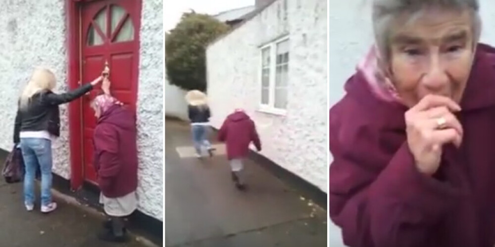 Visiem patīk jokot! 82 gadus veca omīte klauvē pie durvīm un bēg prom. VIDEO