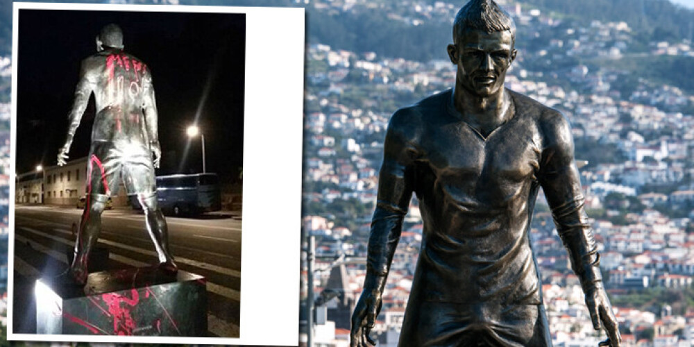 Vandaļi uz Ronaldu statujas Portugālē uzraksta Mesi vārdu un numuru