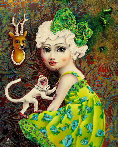 Pakalne. „Bambina e seimmietta” (2014., koks/eļļa, 30 x 24 cm).