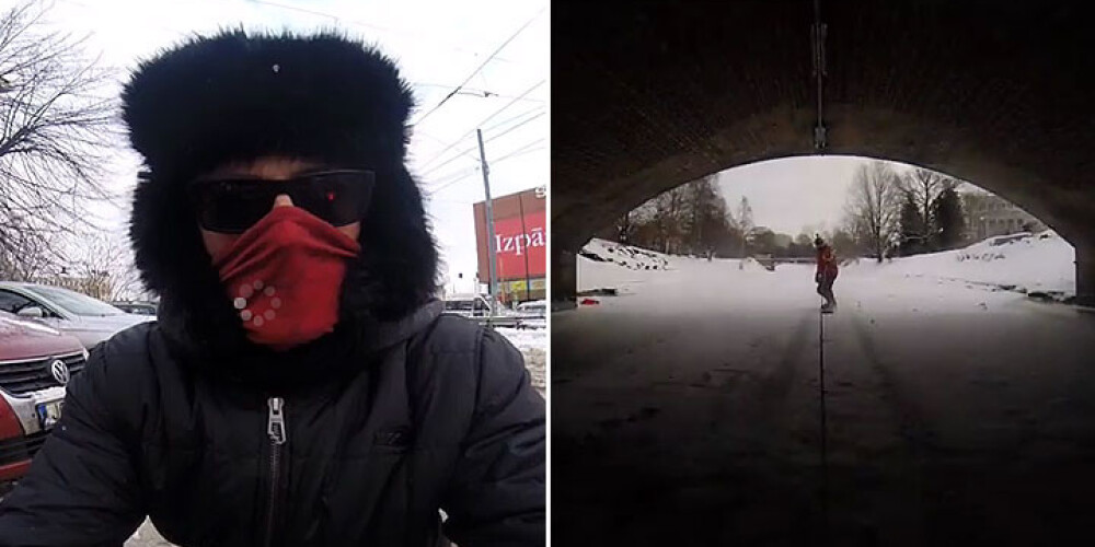 Rīgas centrā jaunieši trakā ātrumā vizinās ar sniega dēli. VIDEO