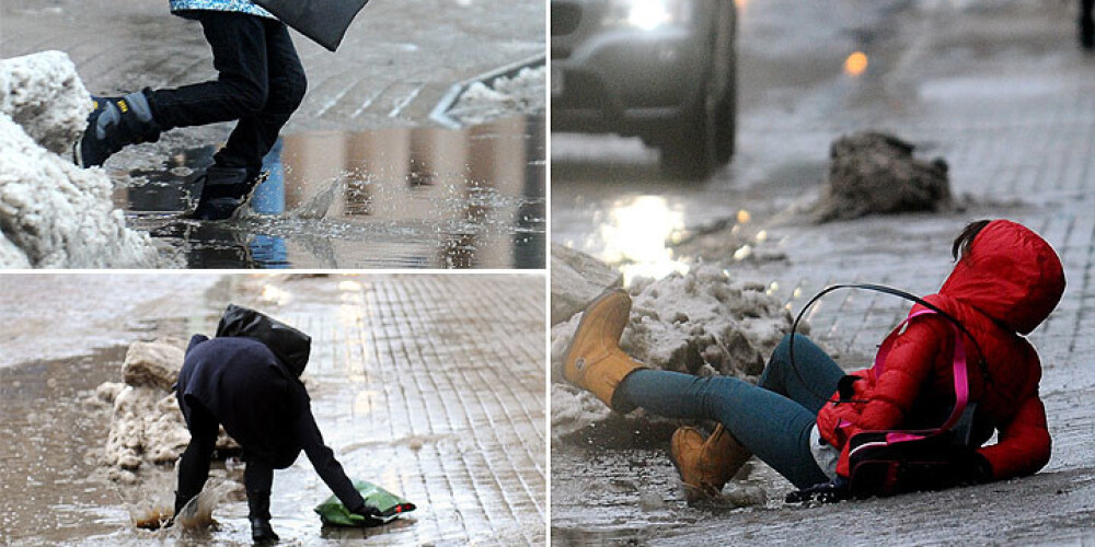 Gājēju šausminošie kritieni un "tāllēkšanas" treniņi Rīgas ielās atkušņa laikā. FOTO