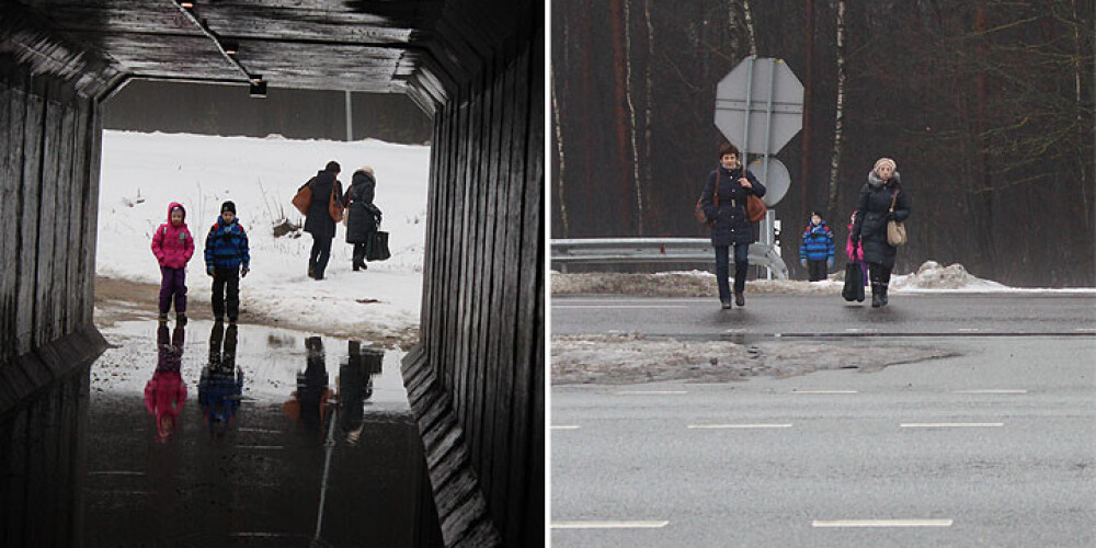 Applūduša tuneļa dēļ Medemciemā ļaudīm nākas skriet pāri šosejai. FOTO