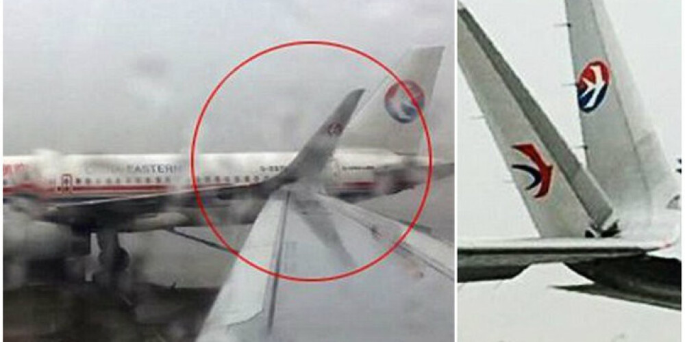 Lidostā Šanhajā viena lidmašīna "nogriež" spārnu citai. FOTO