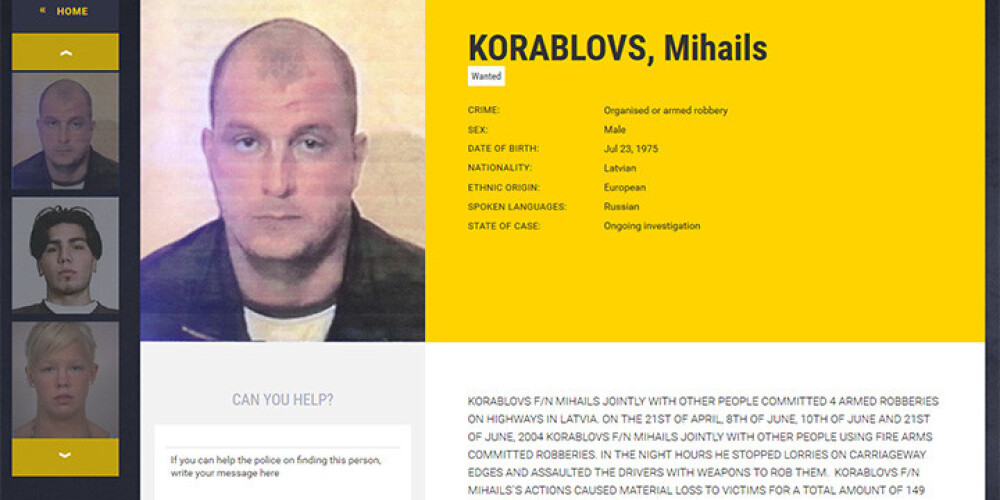 Latvijas valstspiederīgais Mihails Korabļovs ir viens "Eiropola" meklētākajiem noziedzniekiem
